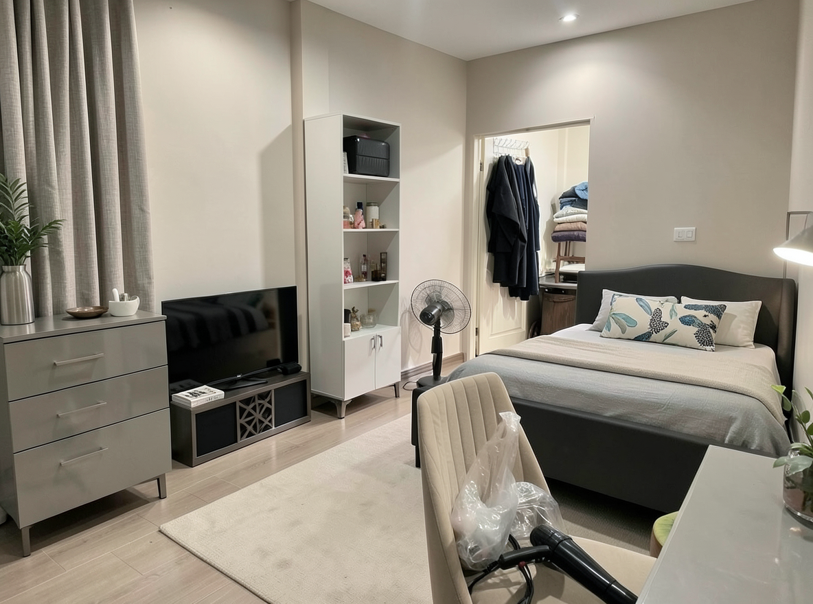 Main redesign studio: Redesign this room in a Modern interior style: clean lines, a neutral palette with bold accents, sleek low-profile furniture, glass and matte-metal su