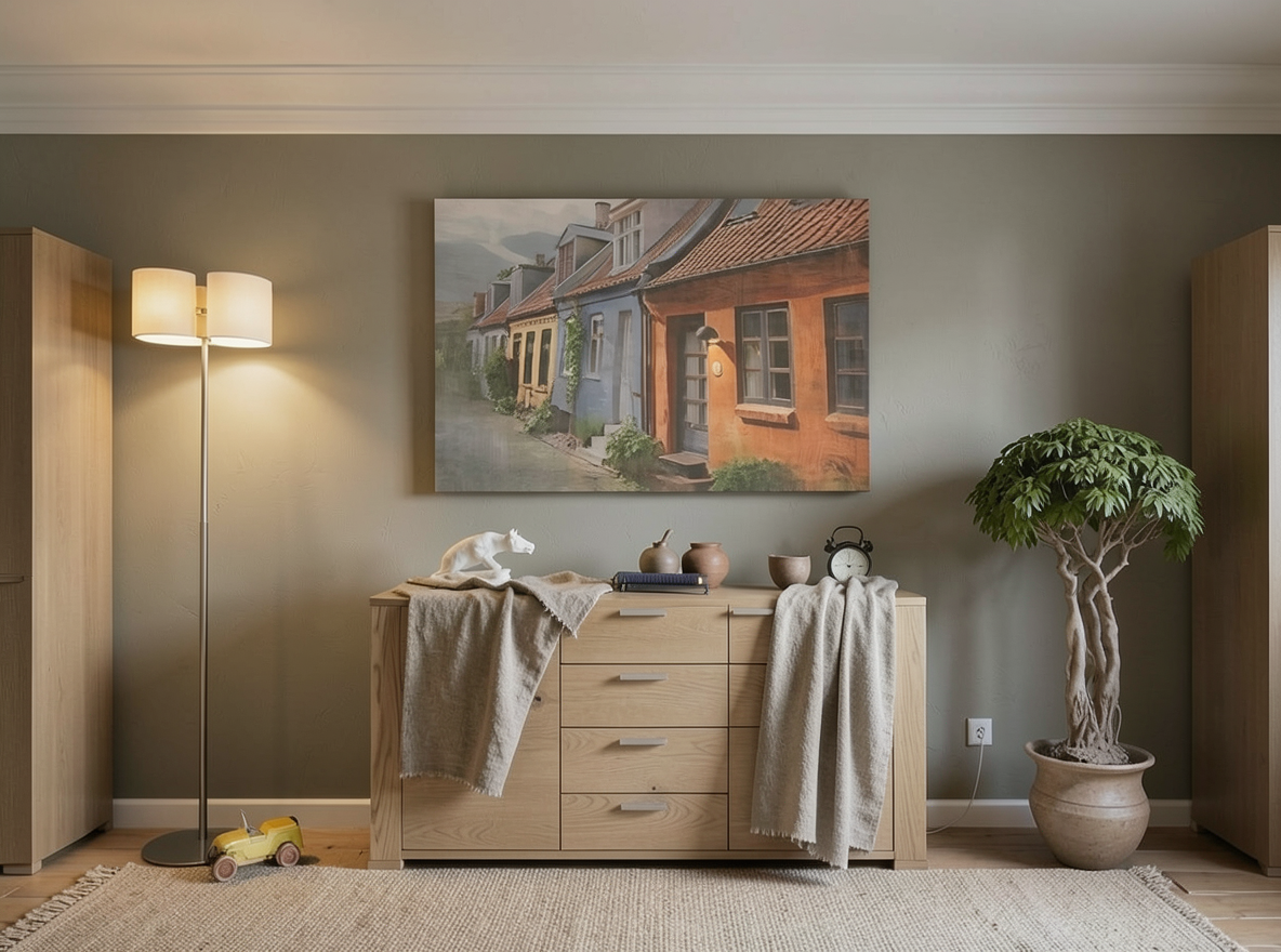 Main redesign studio: Redesign this room in a Japandi interior style: low natural-wood furniture, a muted earthy palette, handcrafted ceramics, linen textiles, soft diffuse