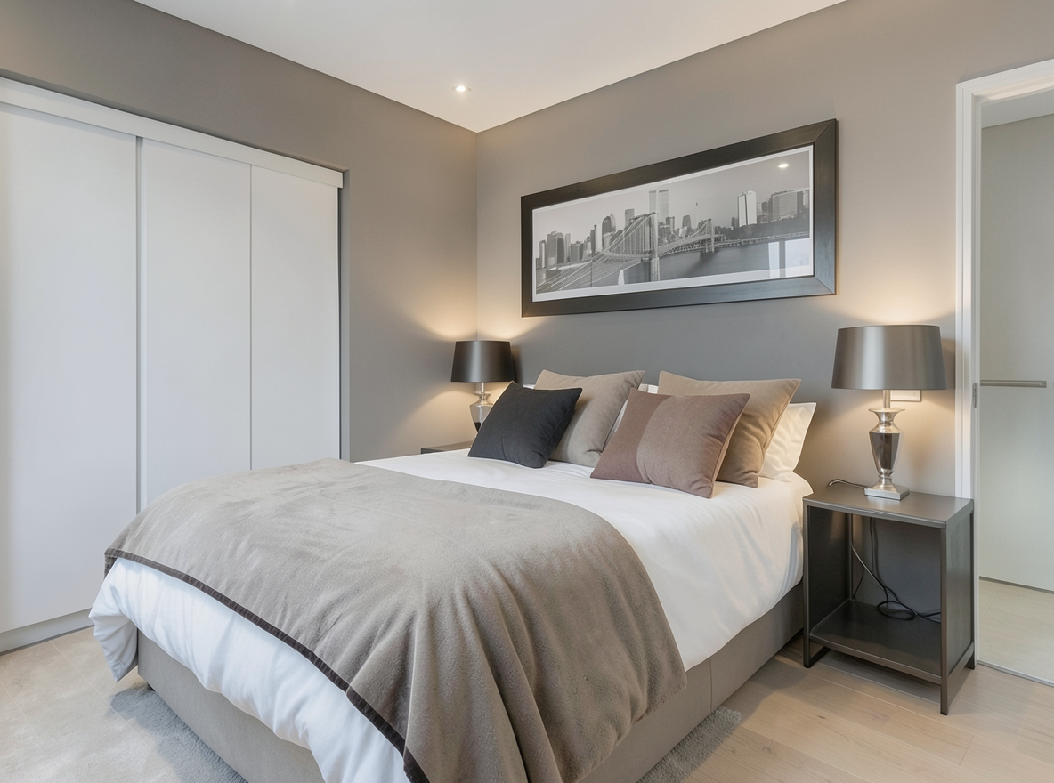 Main redesign studio: Redesign this room in a Modern interior style: clean lines, a neutral palette with bold accents, sleek low-profile furniture, glass and matte-metal su