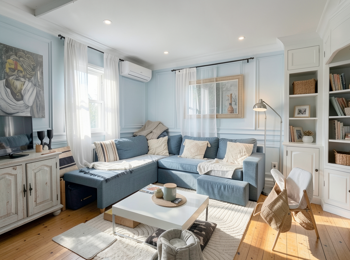 Main redesign studio: Redesign this room in a Coastal interior style: airy whites and soft-blue tones, weathered light wood, natural linen and woven textures, breezy sheer