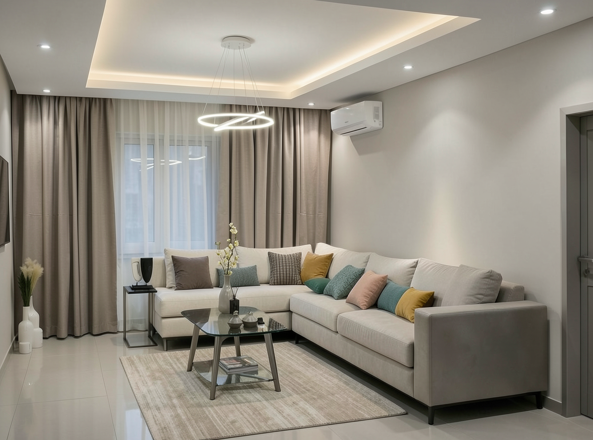 Main redesign studio: Redesign this room in a Modern interior style: clean lines, a neutral palette with bold accents, sleek low-profile furniture, glass and matte-metal su