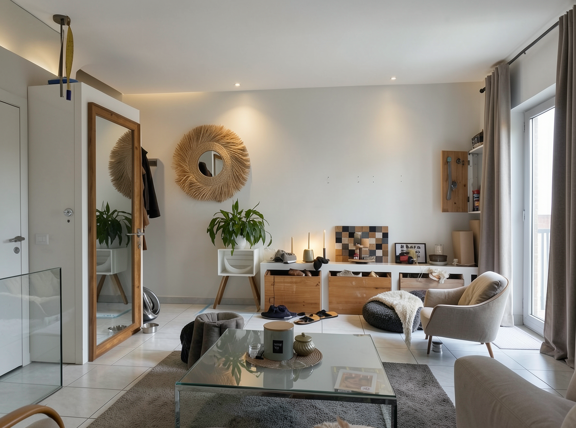 Main redesign studio: Redesign this room in a Modern interior style: clean lines, a neutral palette with bold accents, sleek low-profile furniture, glass and matte-metal su