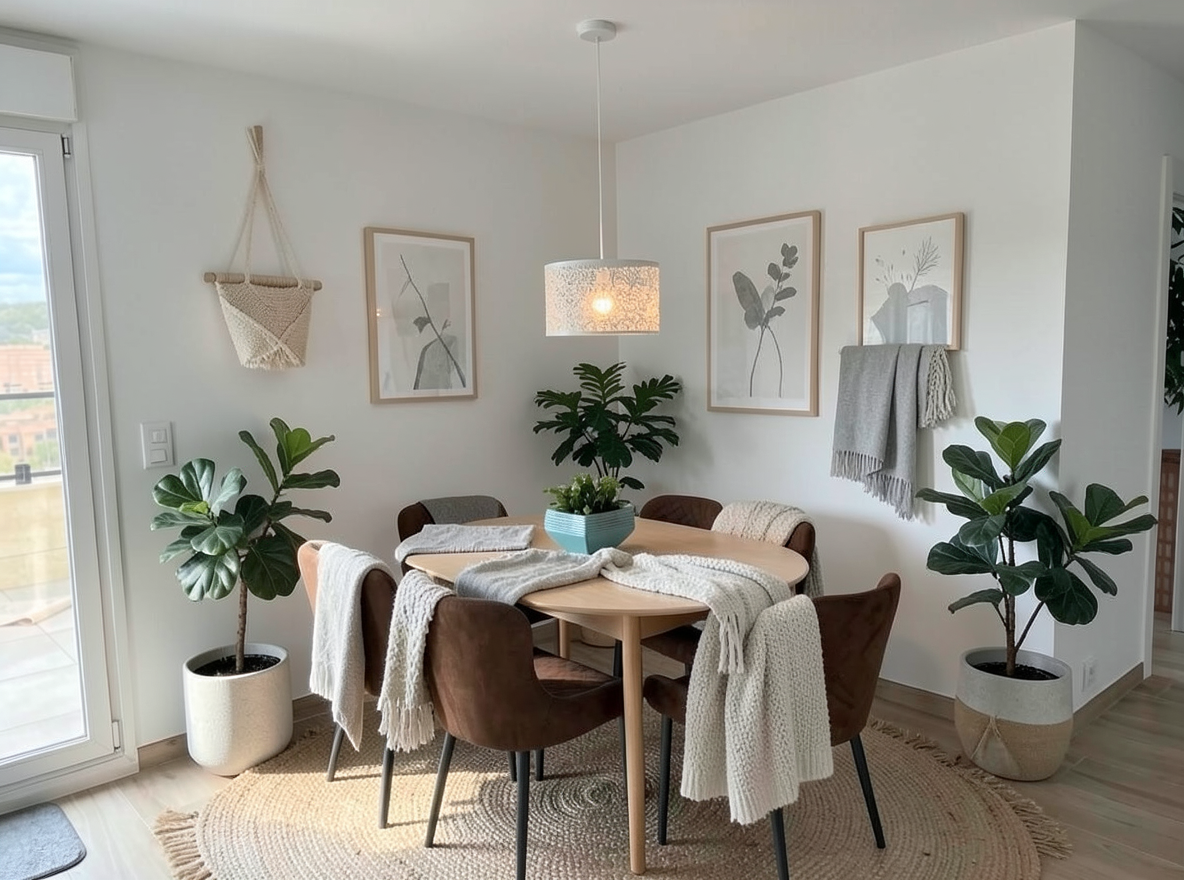Main redesign studio: Redesign this room in a Scandinavian interior style: light oak wood, a white and soft-grey palette, wool and linen textiles, a woven jute rug, leafy p