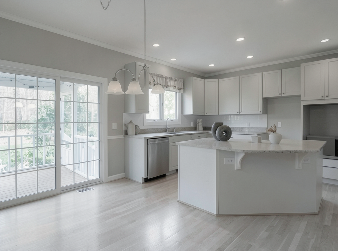Main redesign studio: Redesign this room in a Minimalist interior style: an uncluttered space, a monochrome neutral palette, a few sculptural pieces, concealed storage, sof