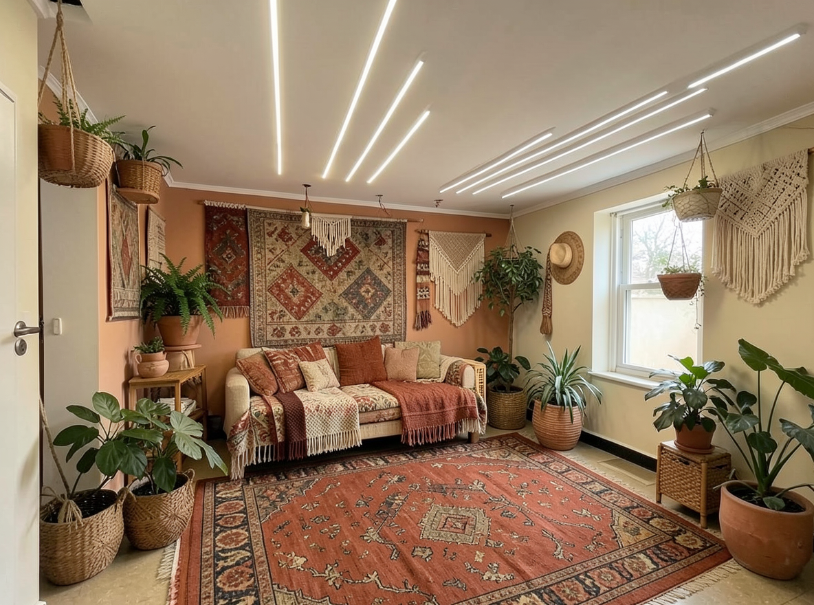 Main redesign studio: Redesign this room in a Boho interior style: layered patterned textiles, rattan and macramé, terracotta and warm earthy tones, abundant plants, vintag
