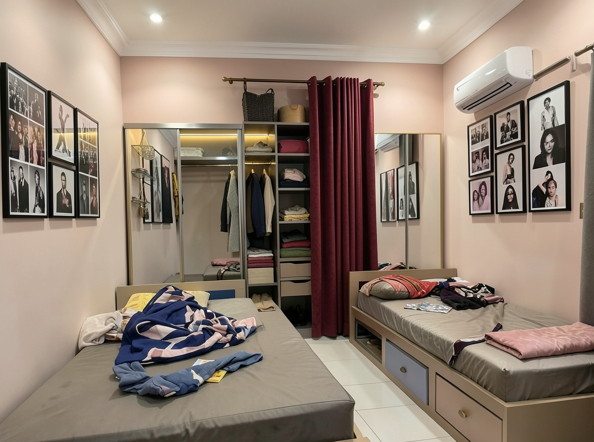 Main redesign studio: Redesign this room in a Modern interior style: clean lines, a neutral palette with bold accents, sleek low-profile furniture, glass and matte-metal su