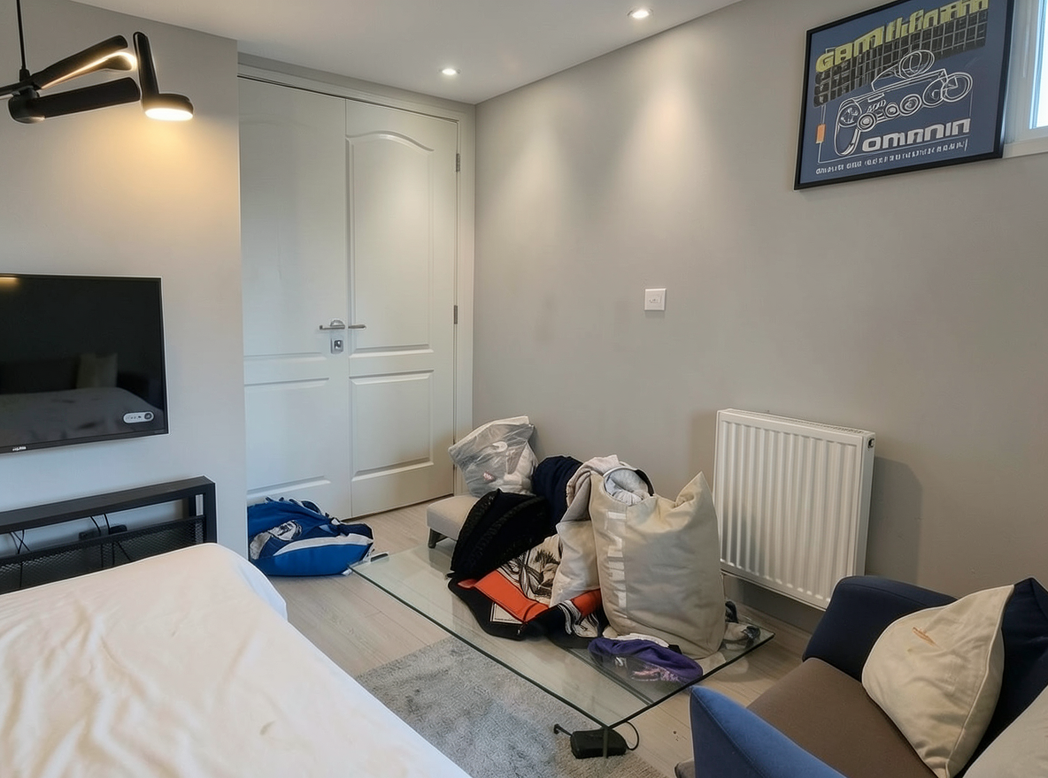 Main redesign studio: Redesign this room in a Modern interior style: clean lines, a neutral palette with bold accents, sleek low-profile furniture, glass and matte-metal su