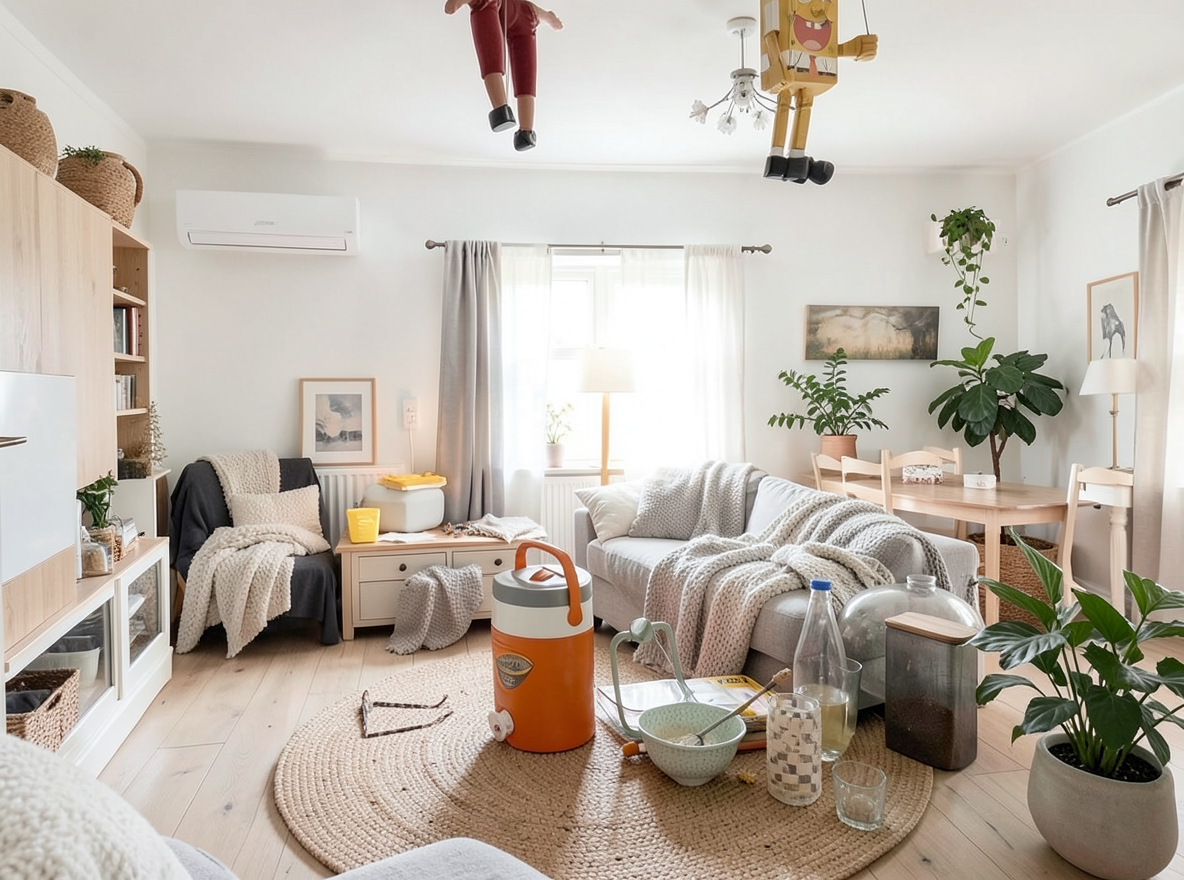 Main redesign studio: Redesign this room in a Scandinavian interior style: light oak wood, a white and soft-grey palette, wool and linen textiles, a woven jute rug, leafy p