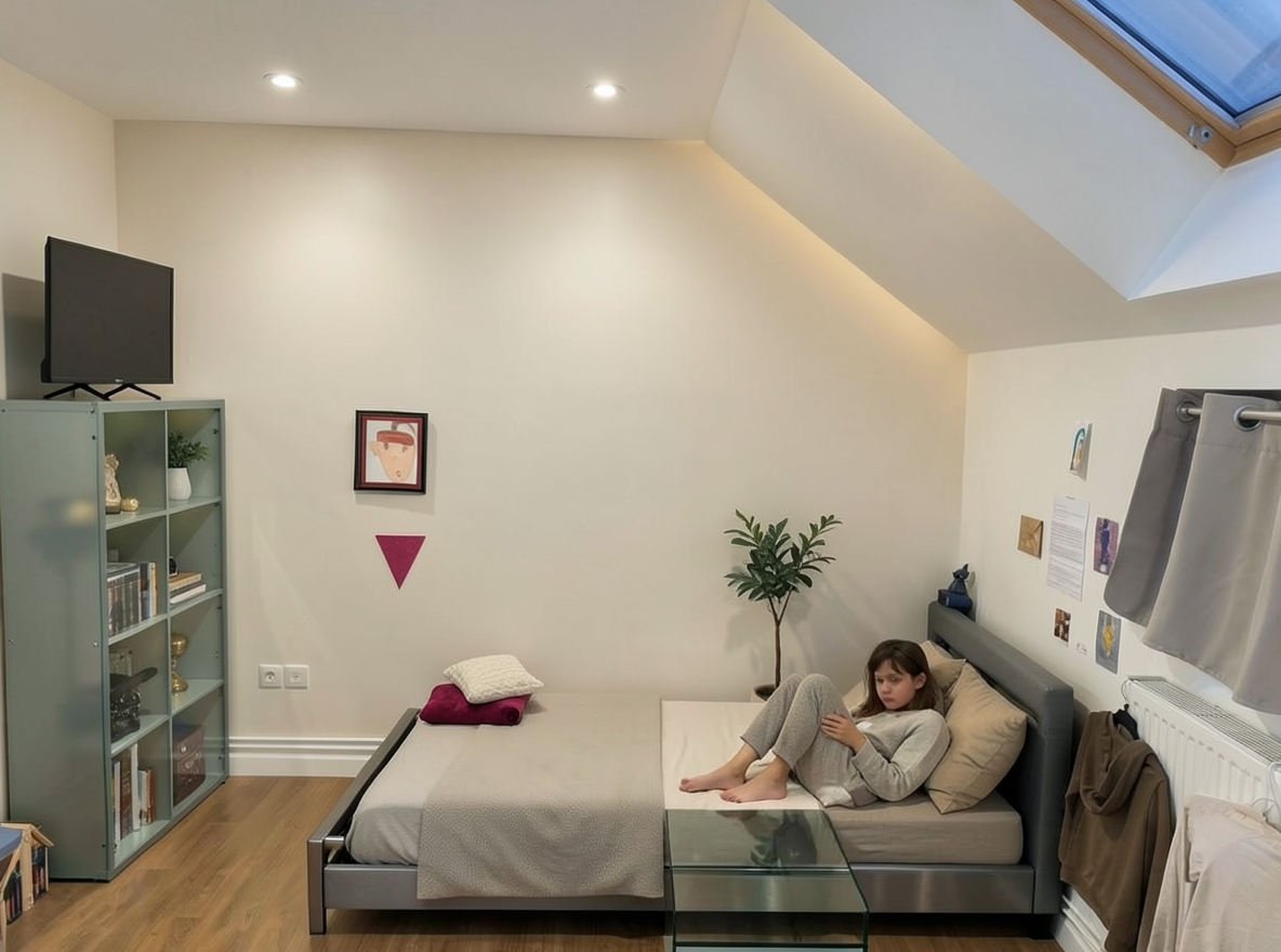 Main redesign studio: Redesign this room in a Modern interior style: clean lines, a neutral palette with bold accents, sleek low-profile furniture, glass and matte-metal su