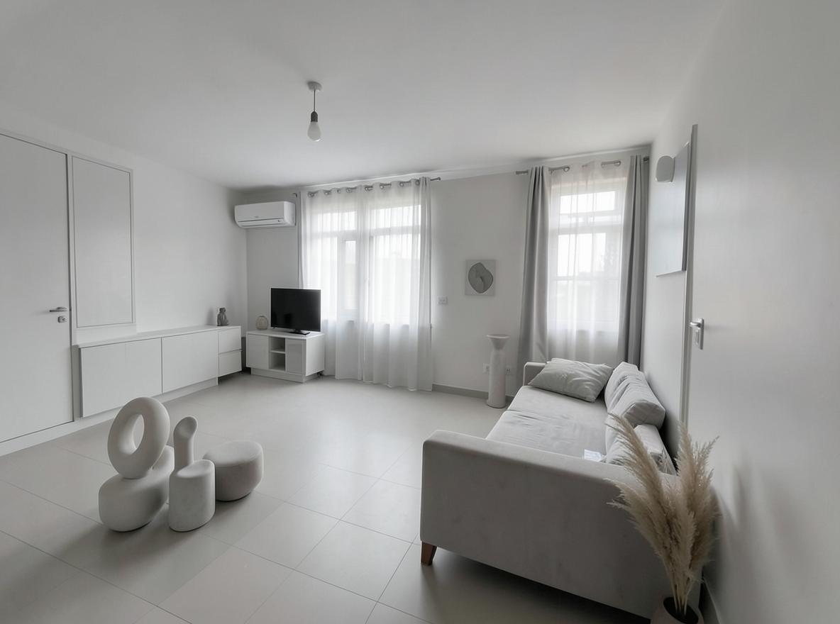 Main redesign studio: Redesign this room in a Minimalist interior style: an uncluttered space, a monochrome neutral palette, a few sculptural pieces, concealed storage, sof