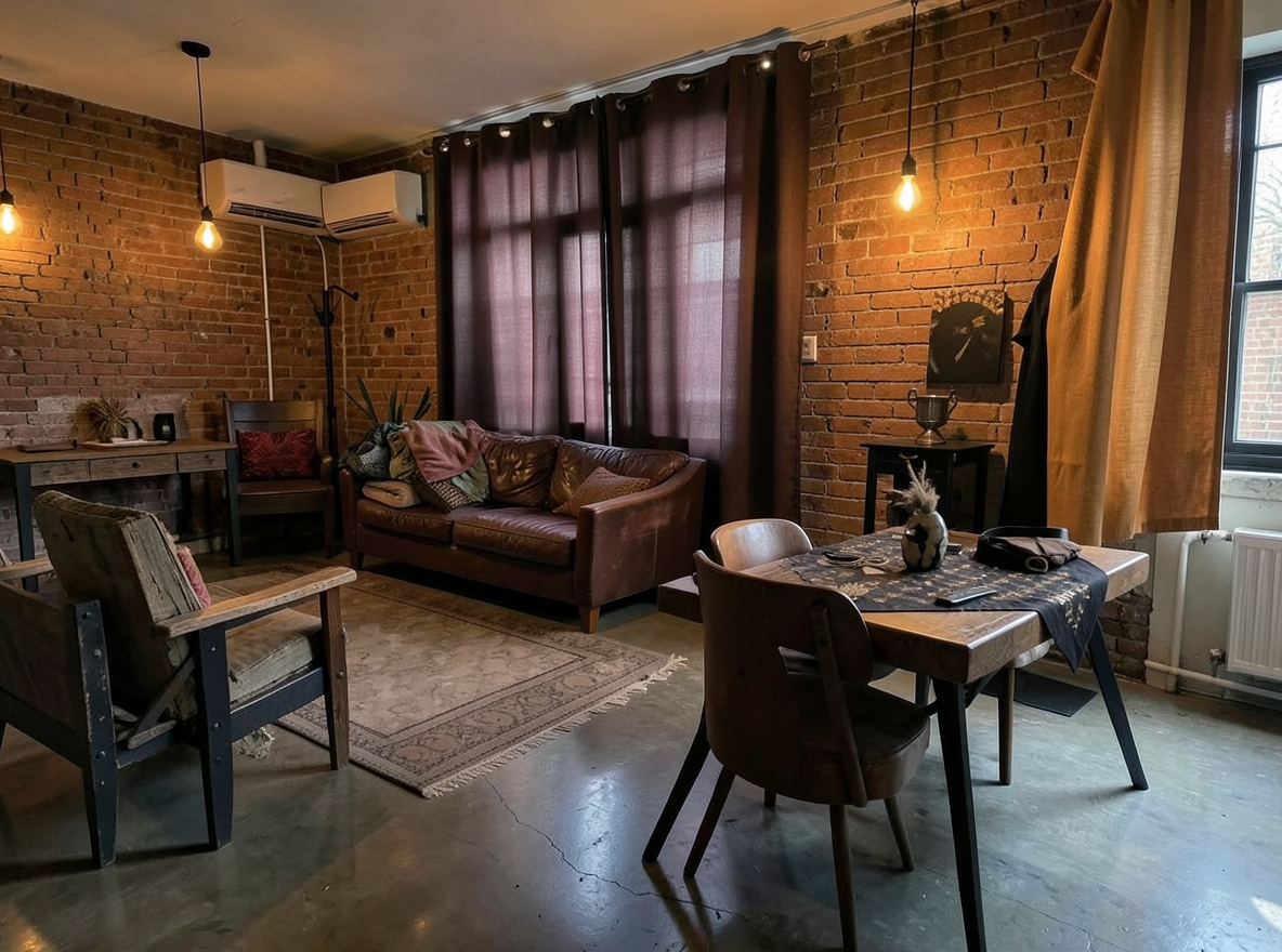 Main redesign studio: Redesign this room in a Industrial interior style: exposed-brick walls, black steel and reclaimed-wood furniture, polished concrete floor, leather acc
