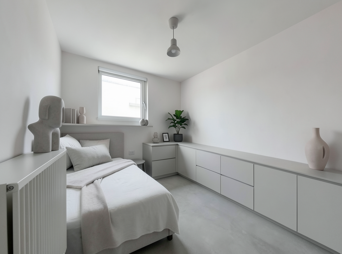 Main redesign studio: Redesign this room in a Minimalist interior style: an uncluttered space, a monochrome neutral palette, a few sculptural pieces, concealed storage, sof