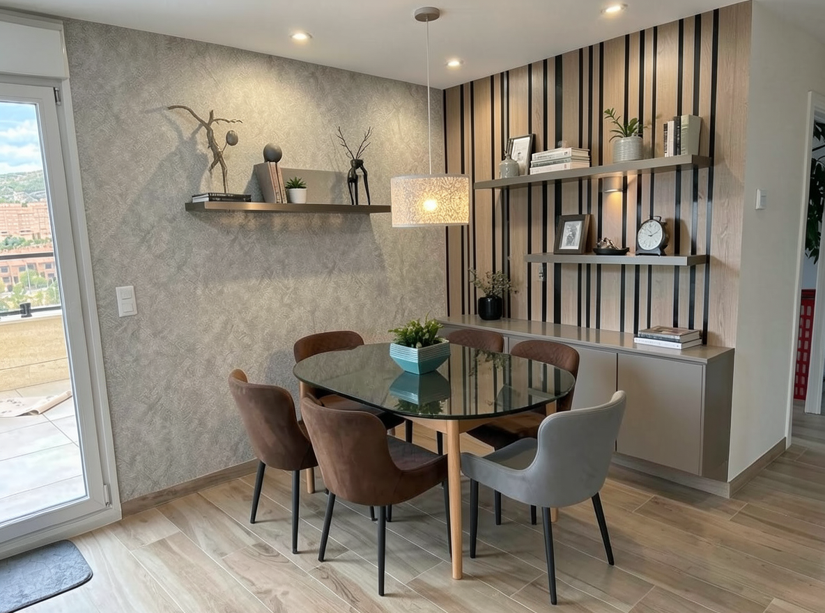 Main redesign studio: Redesign this room in a Modern interior style: clean lines, a neutral palette with bold accents, sleek low-profile furniture, glass and matte-metal su