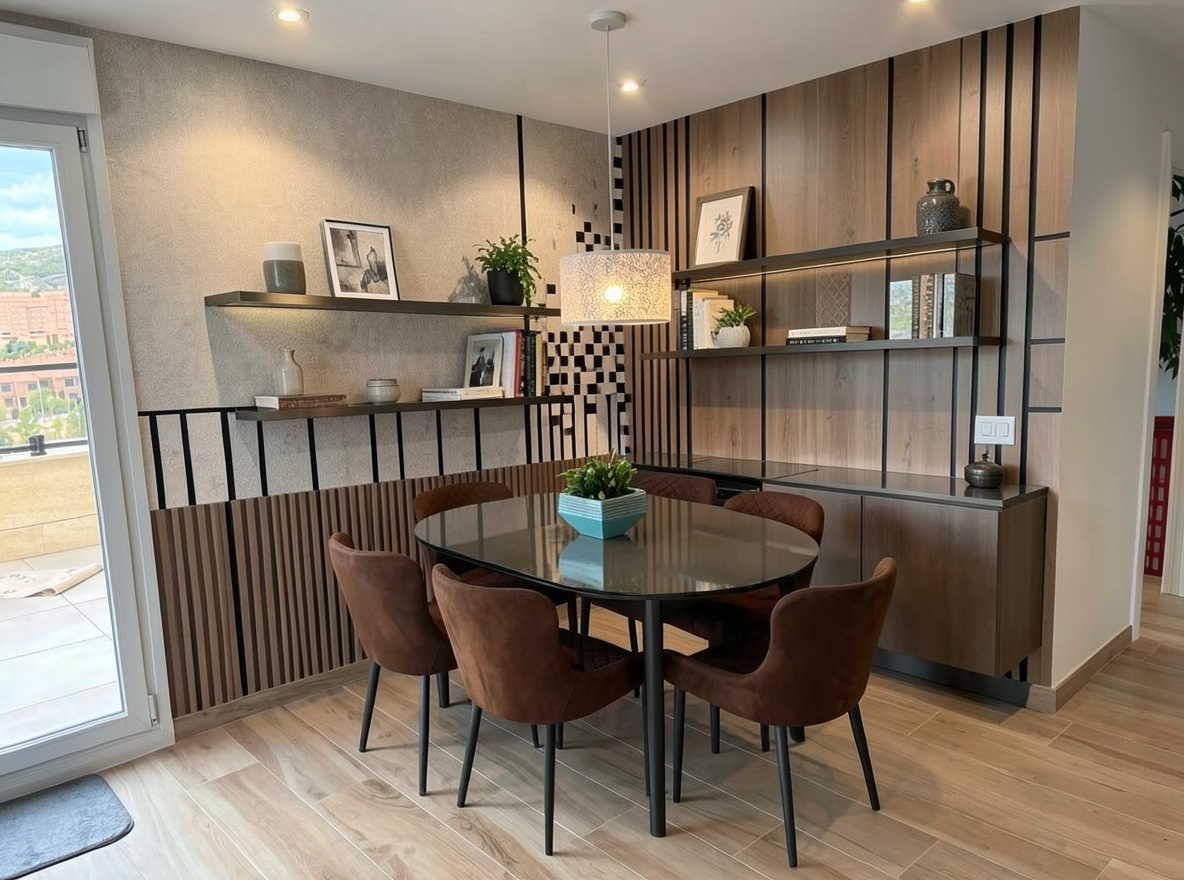 Main redesign studio: Redesign this room in a Modern interior style: clean lines, a neutral palette with bold accents, sleek low-profile furniture, glass and matte-metal su