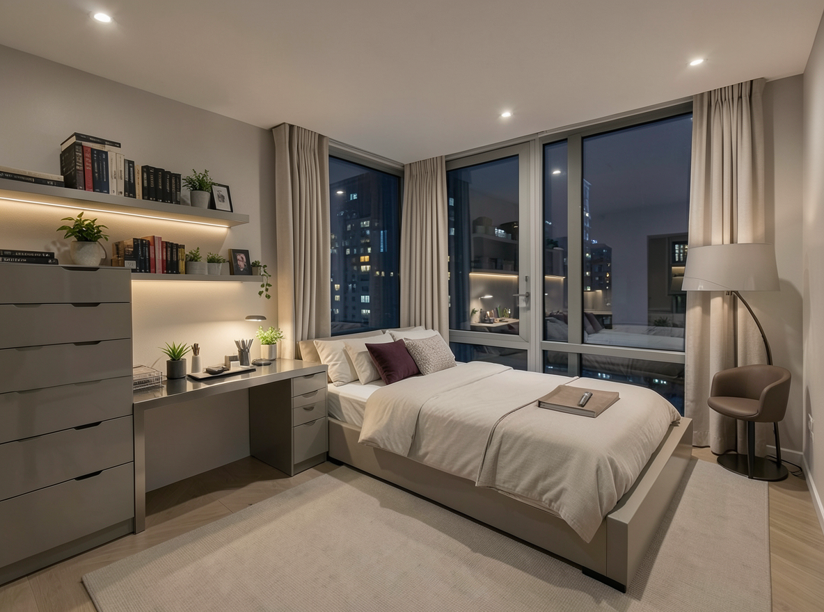 Main redesign studio: Redesign this room in a Modern interior style: clean lines, a neutral palette with bold accents, sleek low-profile furniture, glass and matte-metal su
