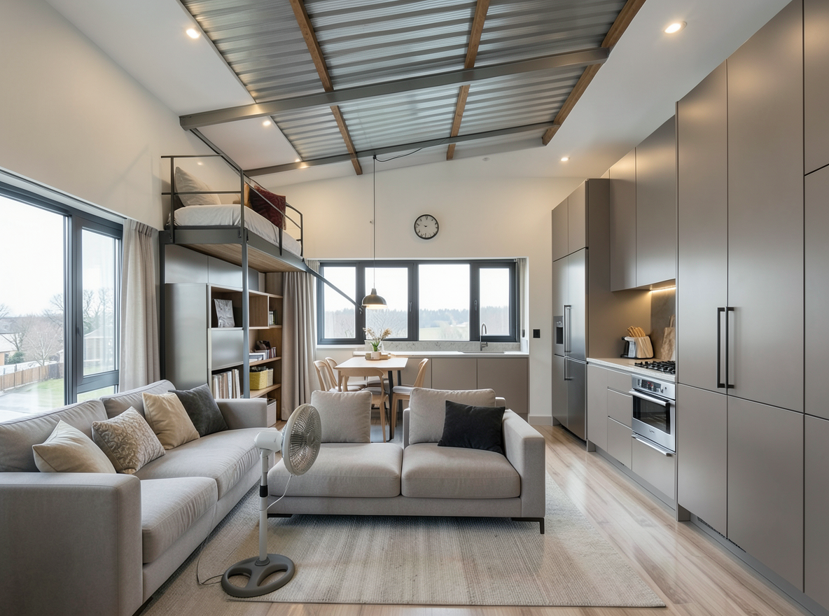 Main redesign studio: Redesign this room in a Modern interior style: clean lines, a neutral palette with bold accents, sleek low-profile furniture, glass and matte-metal su