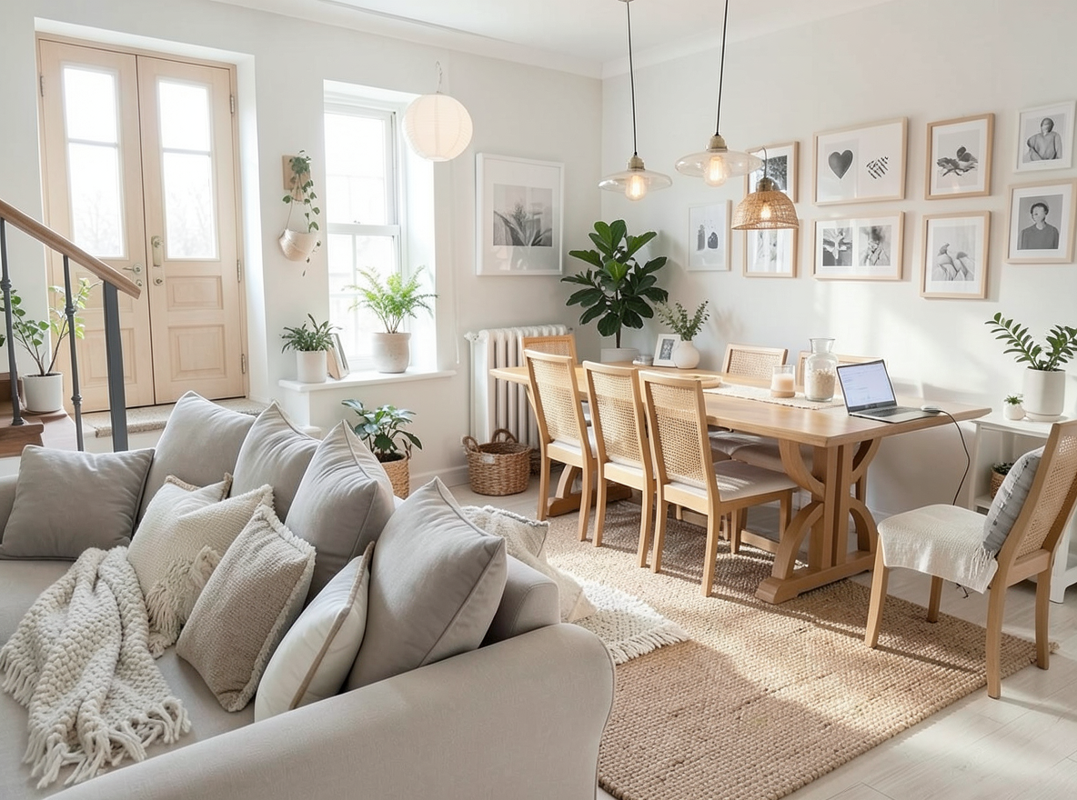 Main redesign studio: Redesign this room in a Scandinavian interior style: light oak wood, a white and soft-grey palette, wool and linen textiles, a woven jute rug, leafy p