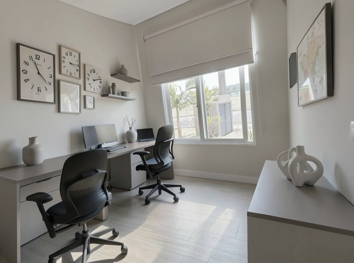 Main redesign studio: Redesign this room in a Minimalist interior style: an uncluttered space, a monochrome neutral palette, a few sculptural pieces, concealed storage, sof