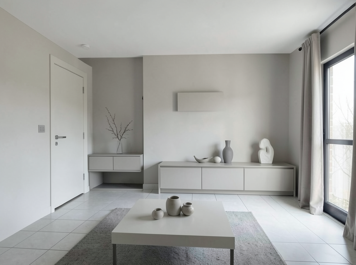 Main redesign studio: Redesign this room in a Minimalist interior style: an uncluttered space, a monochrome neutral palette, a few sculptural pieces, concealed storage, sof