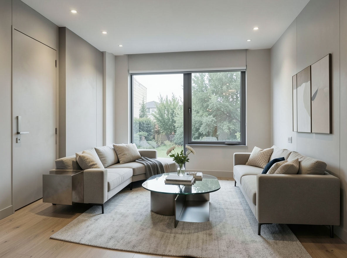 Main redesign studio: Redesign this room in a Modern interior style: clean lines, a neutral palette with bold accents, sleek low-profile furniture, glass and matte-metal su