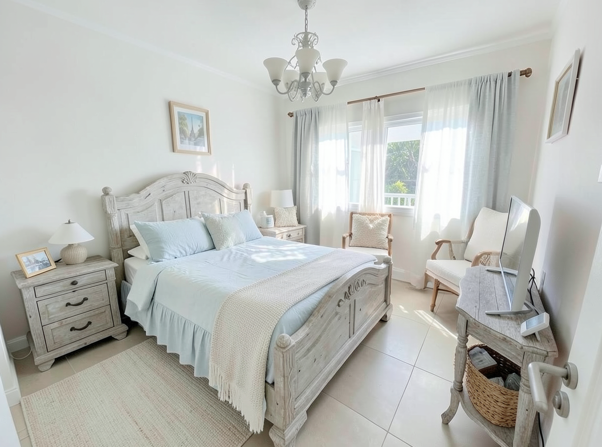 Main redesign studio: Redesign this room in a Coastal interior style: airy whites and soft-blue tones, weathered light wood, natural linen and woven textures, breezy sheer 
