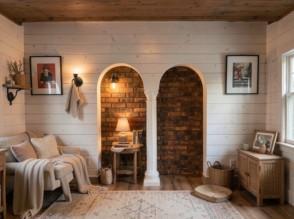 Main redesign studio: Redesign this room in a Farmhouse interior style: shiplap walls, warm reclaimed wood, matte-black fixtures, cozy neutral textiles, vintage accents, so