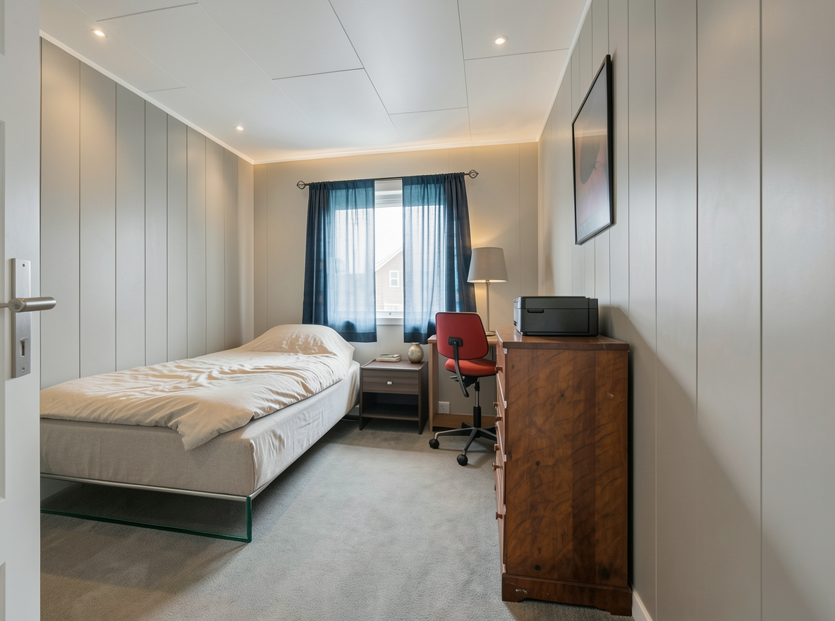Main redesign studio: Redesign this room in a Modern interior style: clean lines, a neutral palette with bold accents, sleek low-profile furniture, glass and matte-metal su