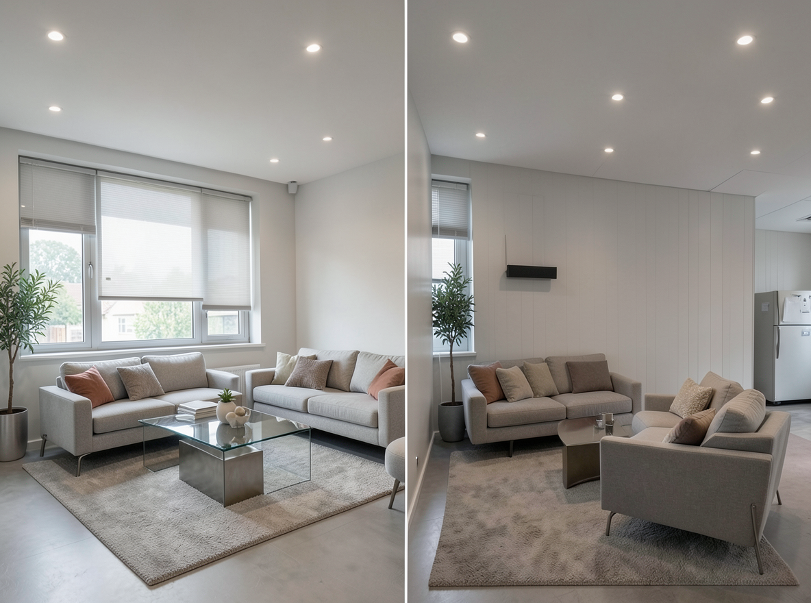 Main redesign studio: Redesign this room in a Modern interior style: clean lines, a neutral palette with bold accents, sleek low-profile furniture, glass and matte-metal su