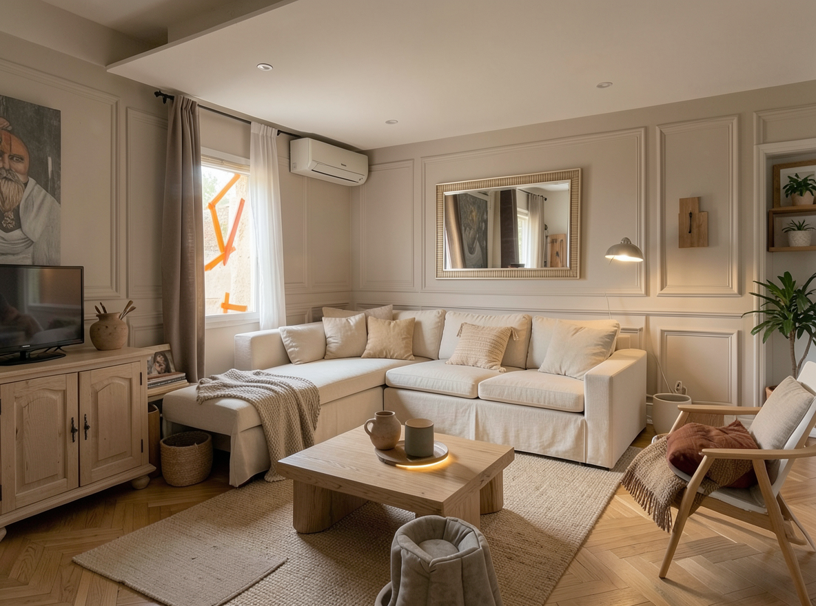 Main redesign studio: Redesign this room in a Japandi interior style: low natural-wood furniture, a muted earthy palette, handcrafted ceramics, linen textiles, soft diffuse