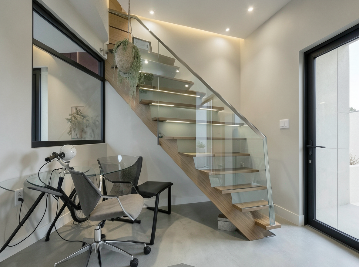 Main redesign studio: Redesign this room in a Modern interior style: clean lines, a neutral palette with bold accents, sleek low-profile furniture, glass and matte-metal su