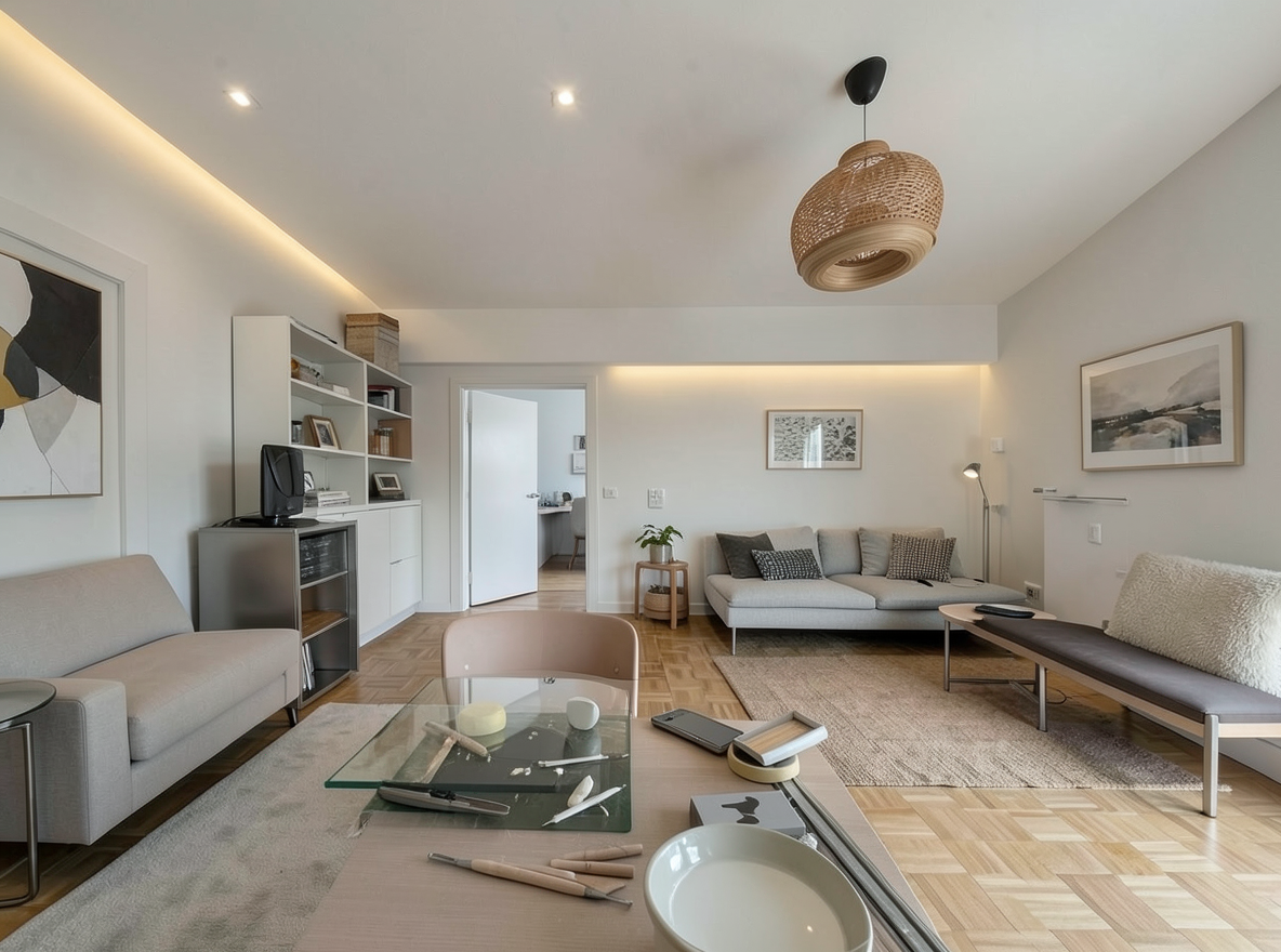 Main redesign studio: Redesign this room in a Modern interior style: clean lines, a neutral palette with bold accents, sleek low-profile furniture, glass and matte-metal su
