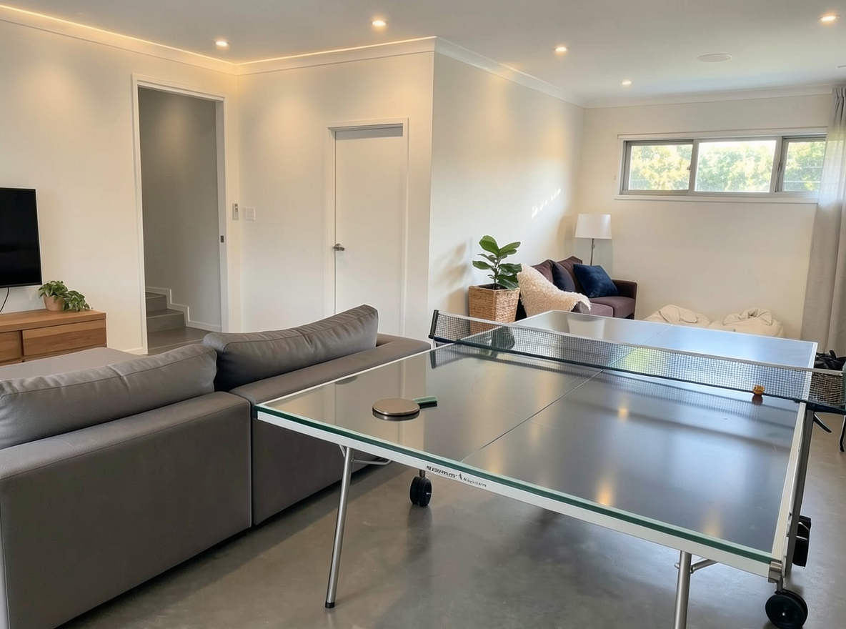 Main redesign studio: Redesign this room in a Modern interior style: clean lines, a neutral palette with bold accents, sleek low-profile furniture, glass and matte-metal su