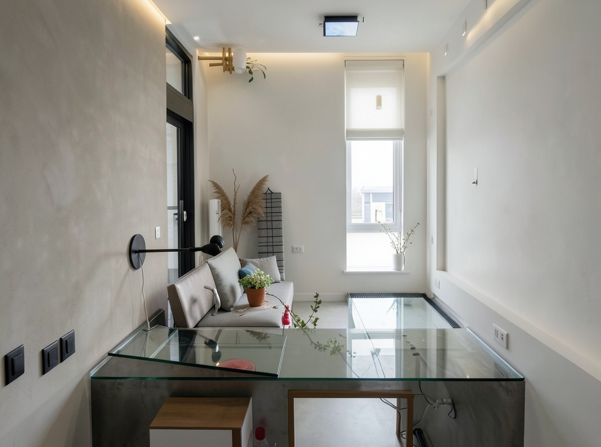 Main redesign studio: Redesign this room in a Modern interior style: clean lines, a neutral palette with bold accents, sleek low-profile furniture, glass and matte-metal su