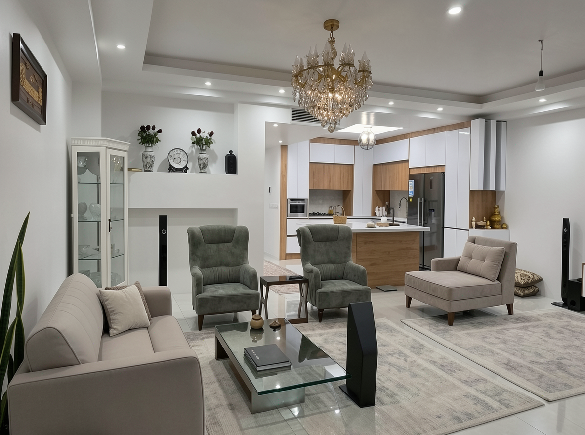 Main redesign studio: Redesign this room in a Modern interior style: clean lines, a neutral palette with bold accents, sleek low-profile furniture, glass and matte-metal su
