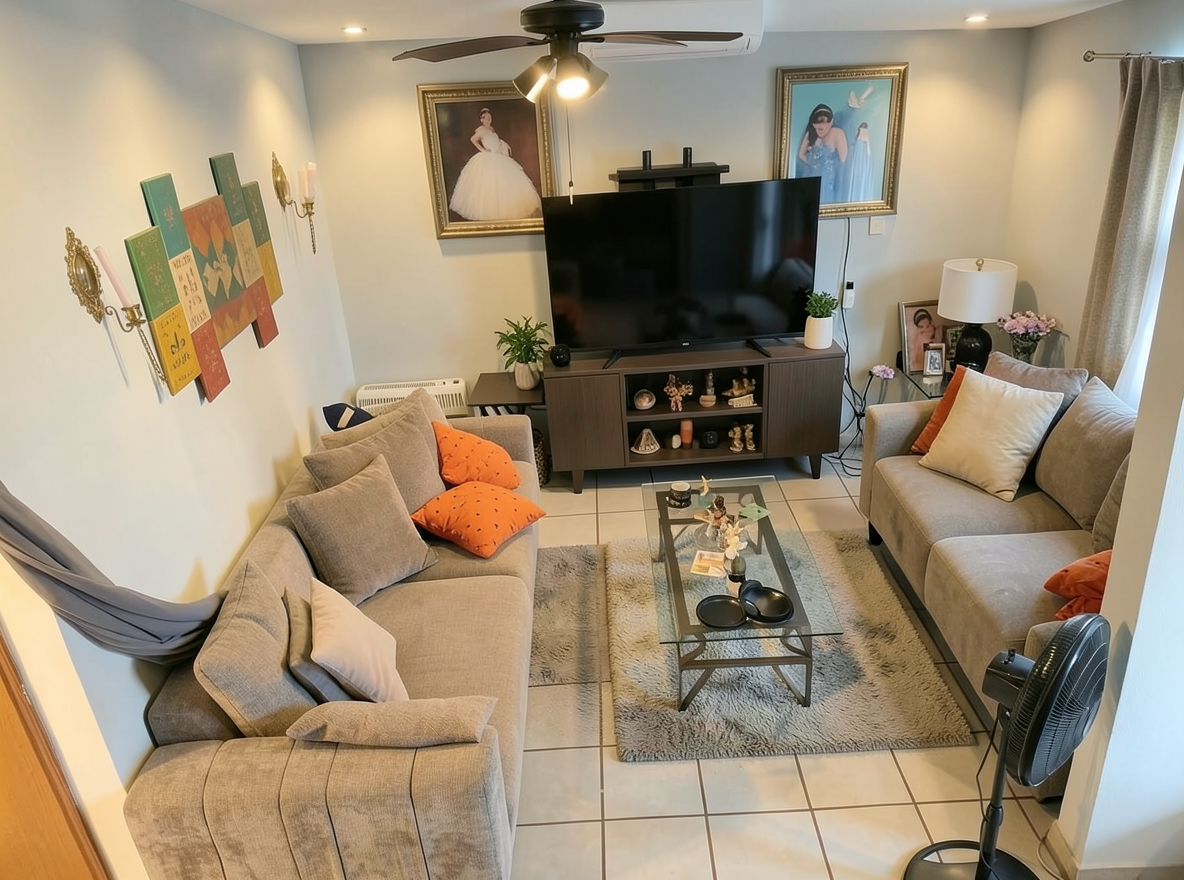 Main redesign studio: Redesign this room in a Modern interior style: clean lines, a neutral palette with bold accents, sleek low-profile furniture, glass and matte-metal su