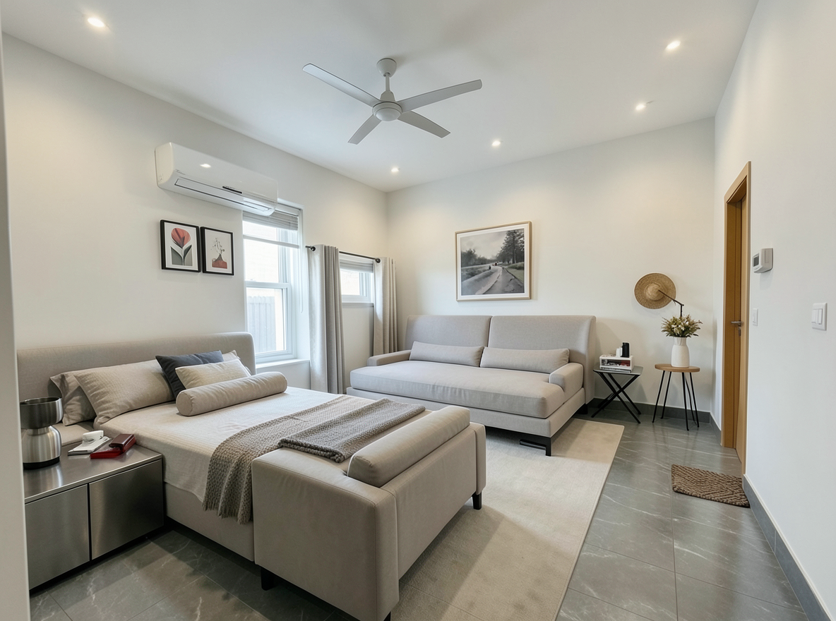 Main redesign studio: Redesign this room in a Modern interior style: clean lines, a neutral palette with bold accents, sleek low-profile furniture, glass and matte-metal su