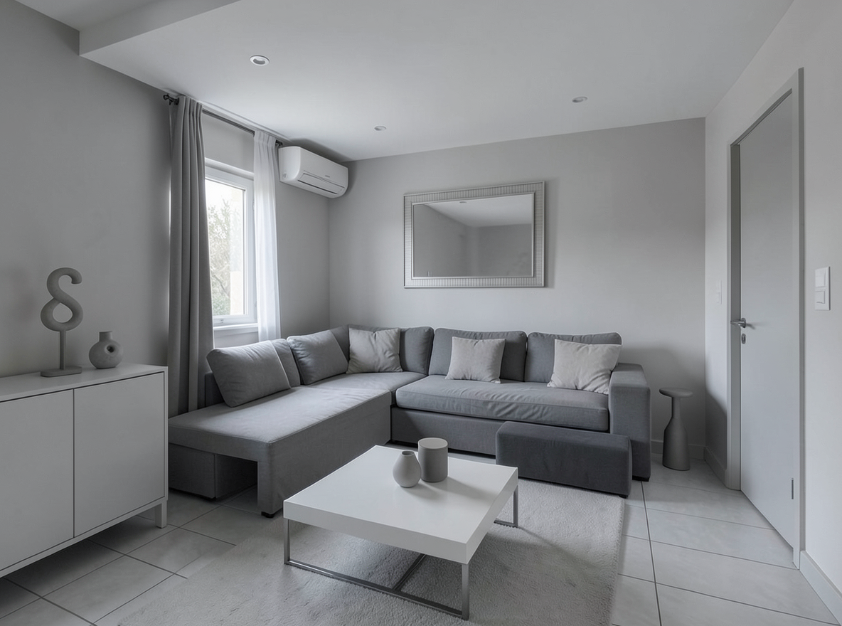Main redesign studio: Redesign this room in a Minimalist interior style: an uncluttered space, a monochrome neutral palette, a few sculptural pieces, concealed storage, sof