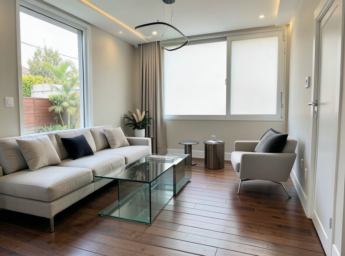 Main redesign studio: Redesign this room in a Modern interior style: clean lines, a neutral palette with bold accents, sleek low-profile furniture, glass and matte-metal su