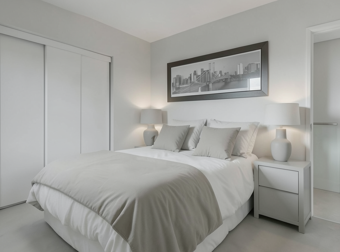 Main redesign studio: Redesign this room in a Minimalist interior style: an uncluttered space, a monochrome neutral palette, a few sculptural pieces, concealed storage, sof