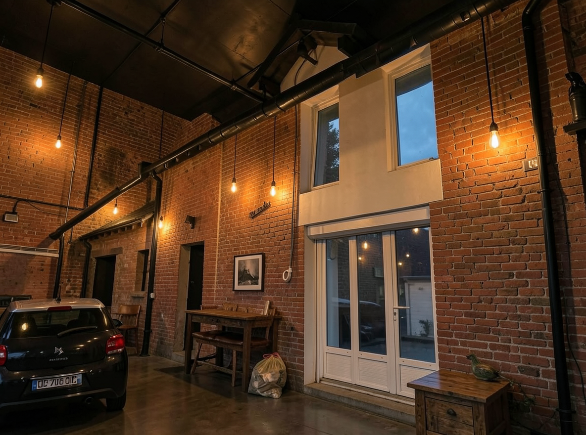 Main redesign studio: Redesign this room in a Industrial interior style: exposed-brick walls, black steel and reclaimed-wood furniture, polished concrete floor, leather acc