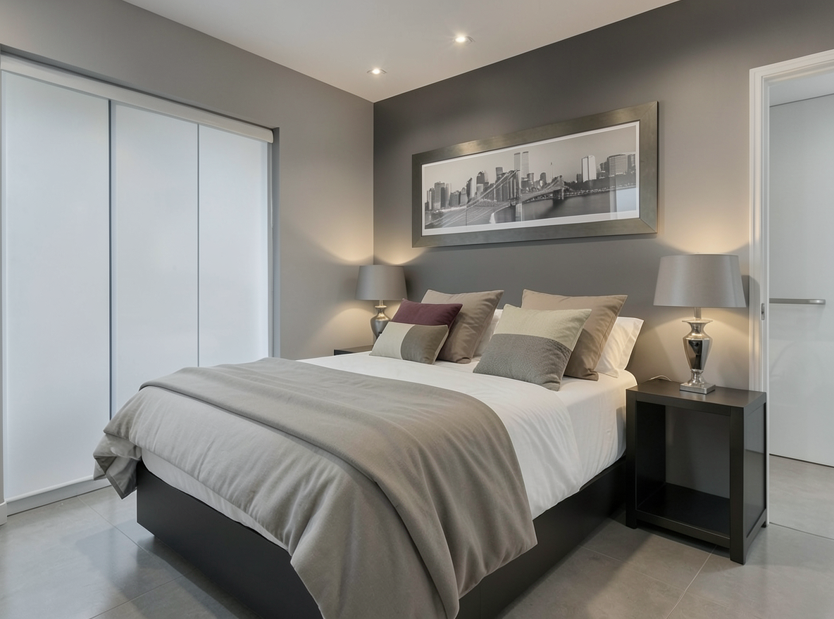 Main redesign studio: Redesign this room in a Modern interior style: clean lines, a neutral palette with bold accents, sleek low-profile furniture, glass and matte-metal su