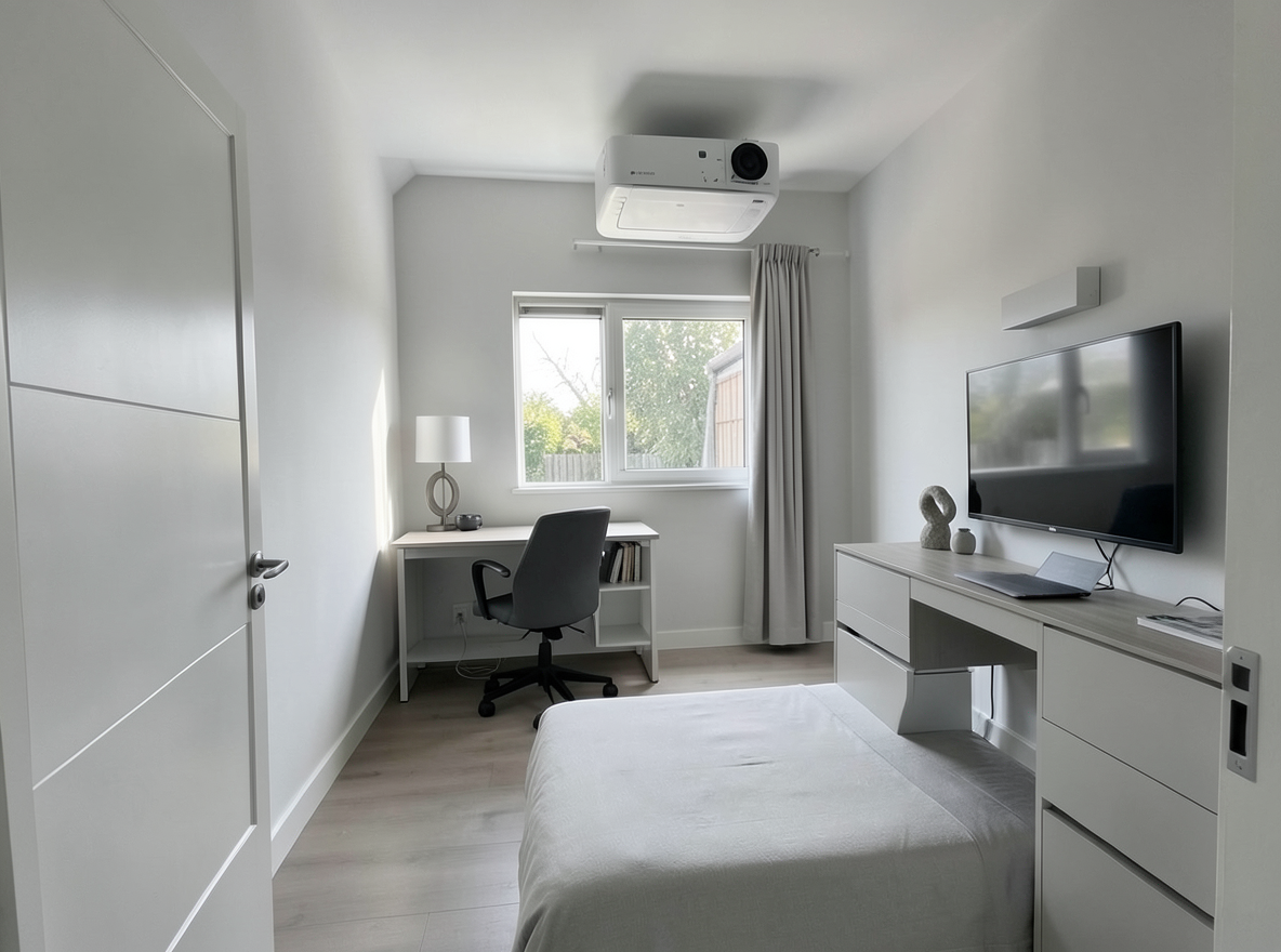 Main redesign studio: Redesign this room in a Minimalist interior style: an uncluttered space, a monochrome neutral palette, a few sculptural pieces, concealed storage, sof