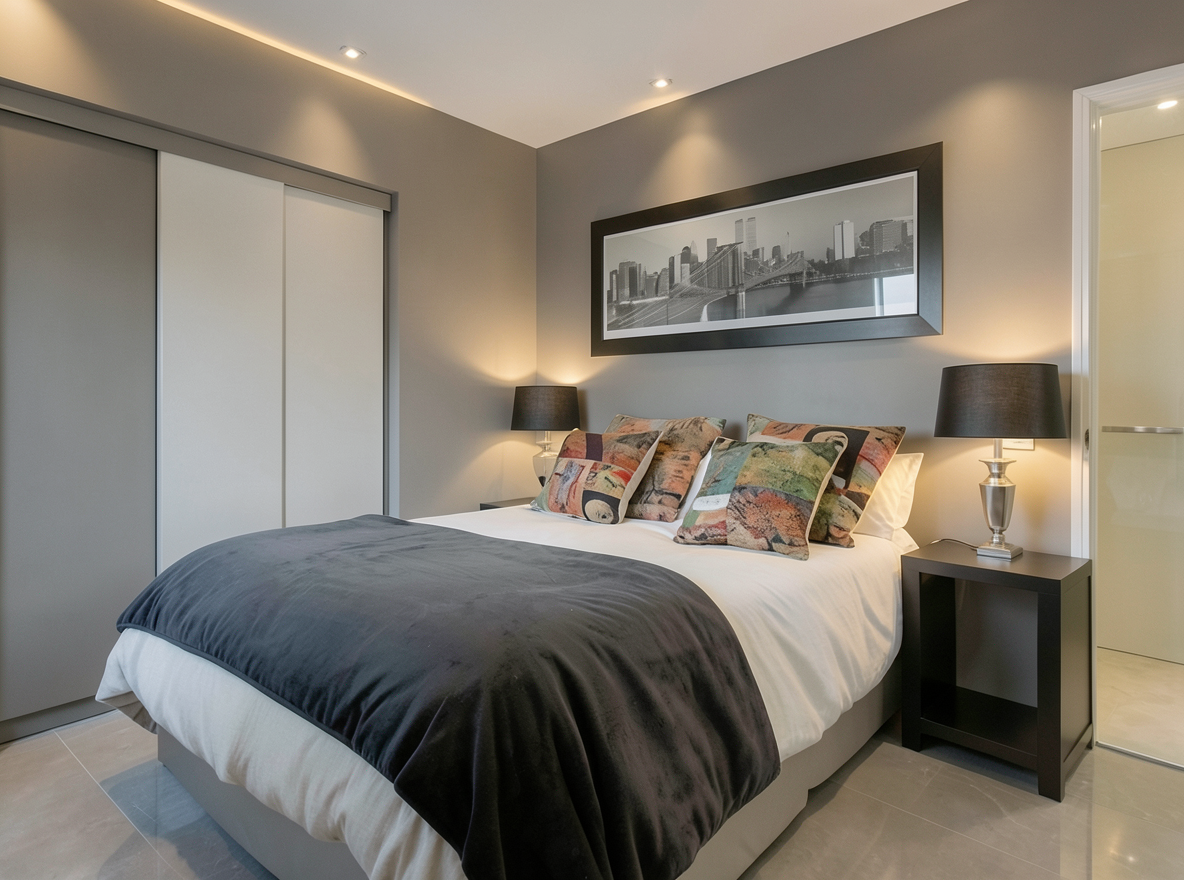 Main redesign studio: Redesign this room in a Modern interior style: clean lines, a neutral palette with bold accents, sleek low-profile furniture, glass and matte-metal su