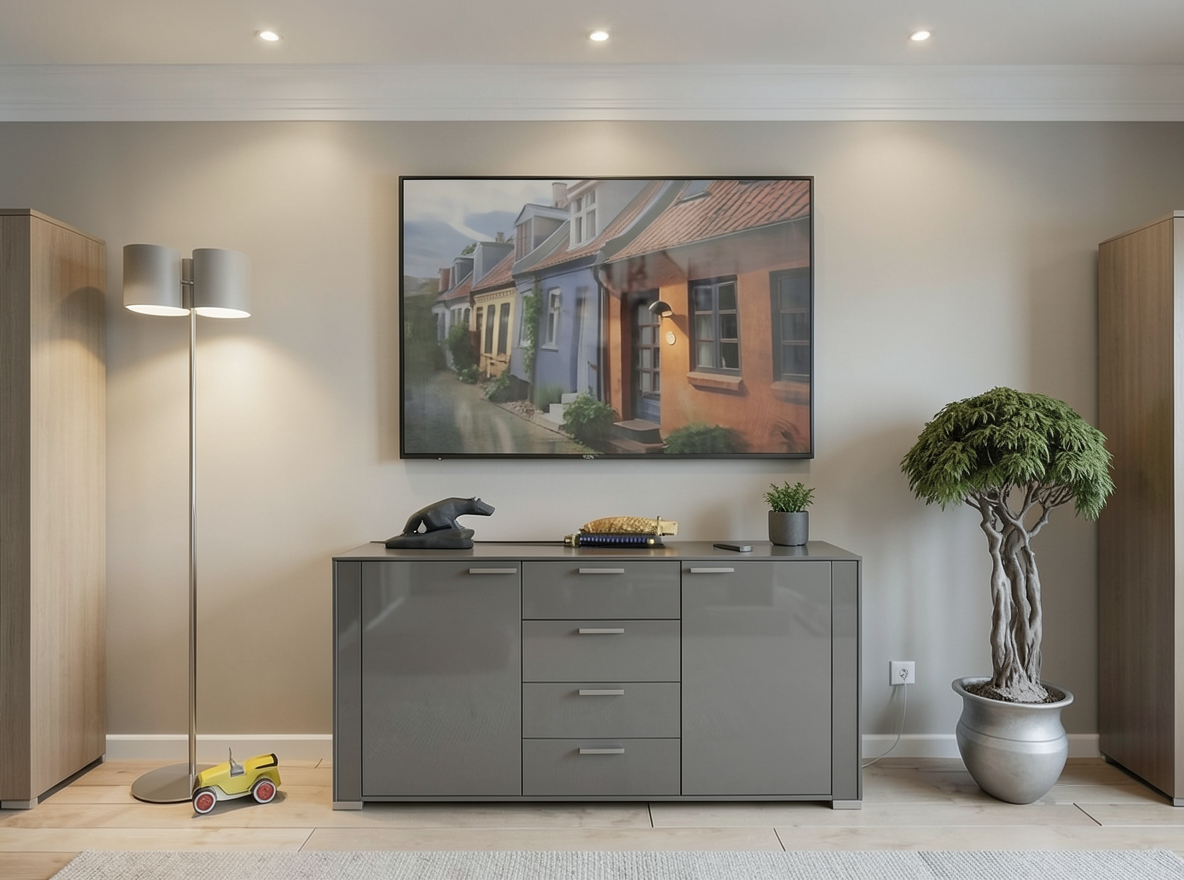 Main redesign studio: Redesign this room in a Modern interior style: clean lines, a neutral palette with bold accents, sleek low-profile furniture, glass and matte-metal su