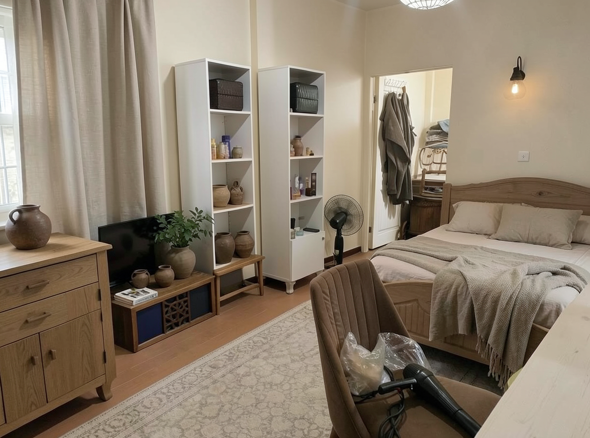 Main redesign studio: Redesign this room in a Japandi interior style: low natural-wood furniture, a muted earthy palette, handcrafted ceramics, linen textiles, soft diffuse