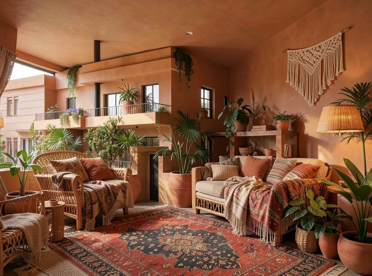 Main redesign studio: Redesign this room in a Boho interior style: layered patterned textiles, rattan and macramé, terracotta and warm earthy tones, abundant plants, vintag