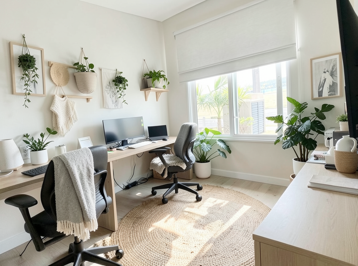 Main redesign studio: Redesign this room in a Scandinavian interior style: light oak wood, a white and soft-grey palette, wool and linen textiles, a woven jute rug, leafy p