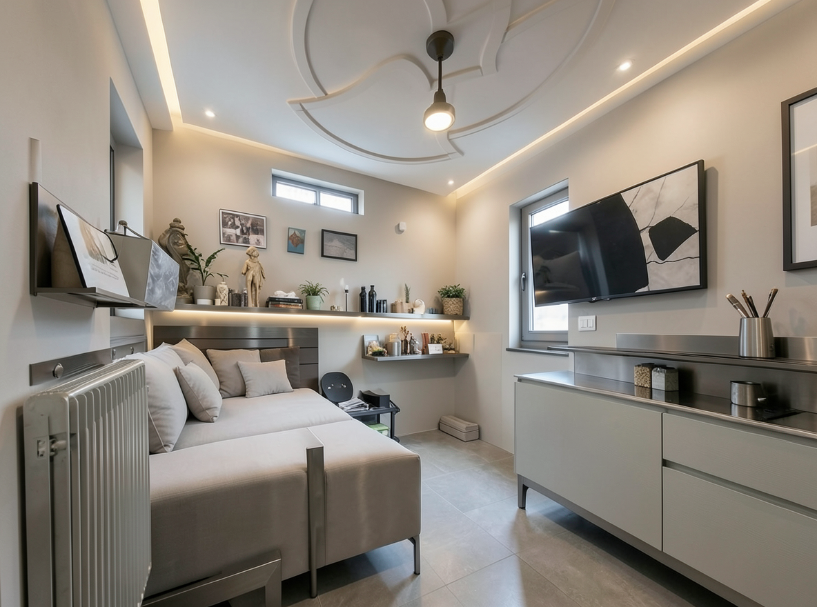 Main redesign studio: Redesign this room in a Modern interior style: clean lines, a neutral palette with bold accents, sleek low-profile furniture, glass and matte-metal su