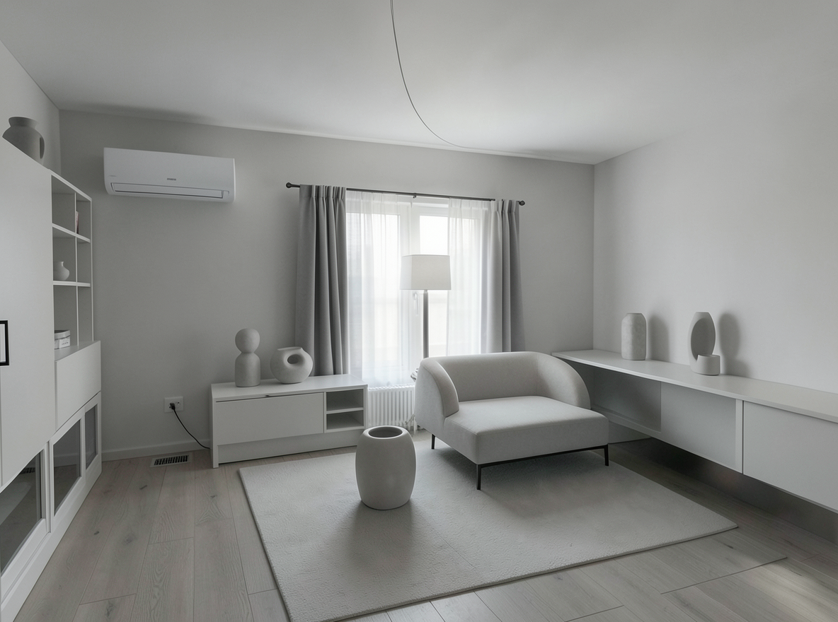 Main redesign studio: Redesign this room in a Minimalist interior style: an uncluttered space, a monochrome neutral palette, a few sculptural pieces, concealed storage, sof