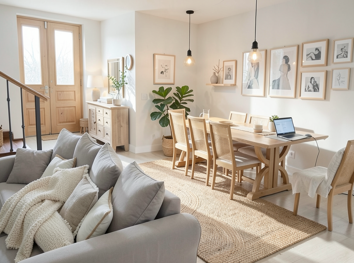 Main redesign studio: Redesign this room in a Scandinavian interior style: light oak wood, a white and soft-grey palette, wool and linen textiles, a woven jute rug, leafy p